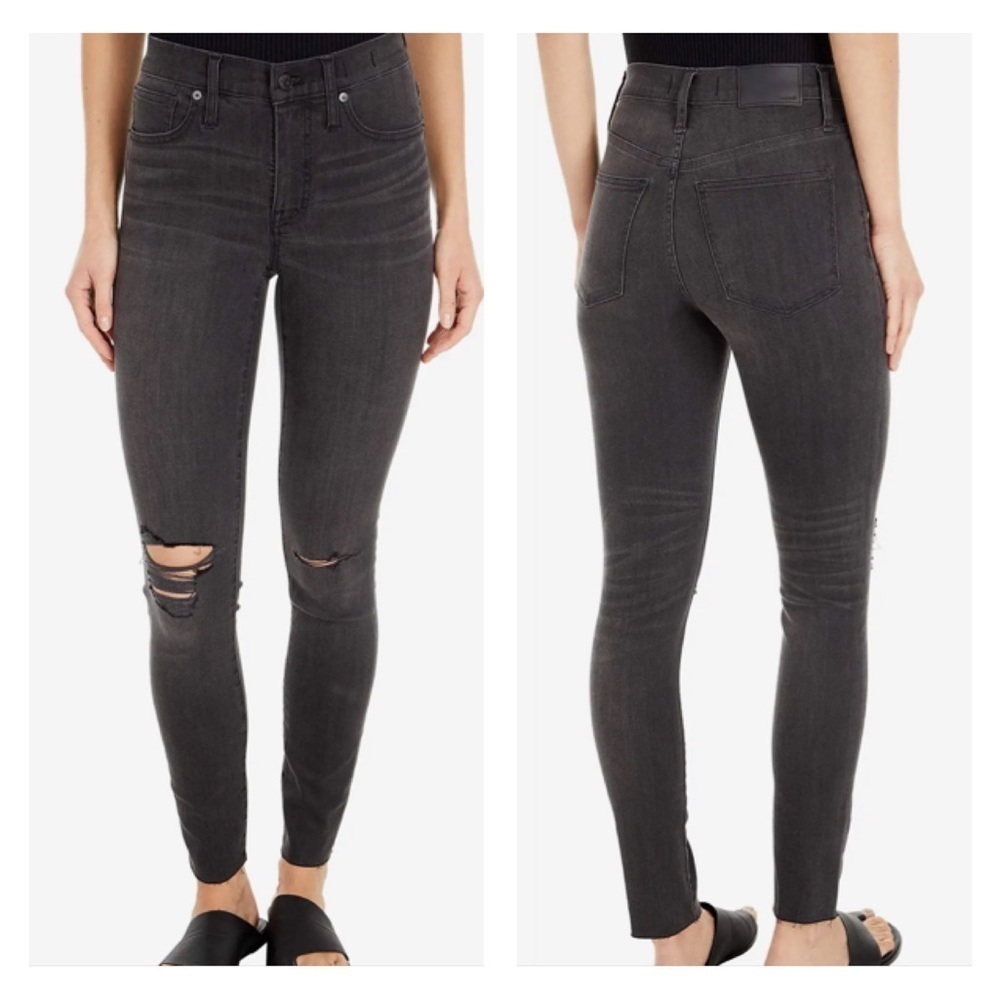 Madewell 9'' Mid-Rise Skinny Ripped Knee Denim Jeans Black Sea Wash Women SZ 25
